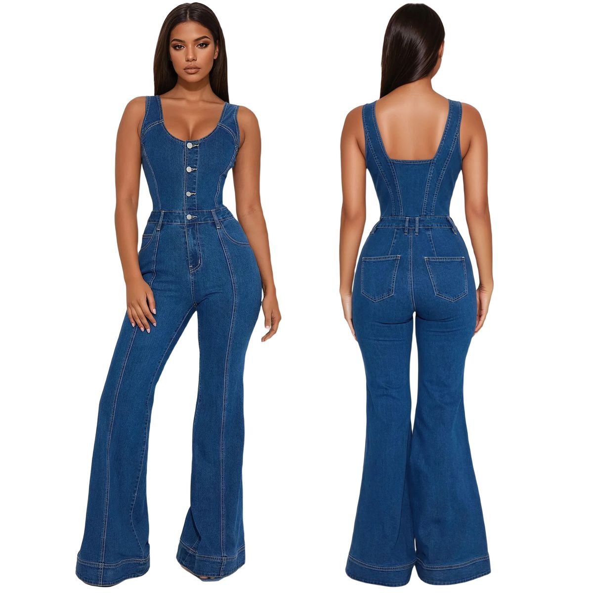 Women's Sexy Denim Jumpsuit With Flared Pants – Casual Suspender Romper For Spring/Summer (Bluish, S-2XL)_ecoleips.com
