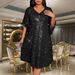Glamorous Plus Size Party Dress – Sparkly Mesh & Pearl Embellished Elegant Midi Dress For Women (Stretchy Polyester Blend)_ecoleips.com