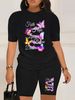 Summer Women's Casual And Fashionable Butterfly Letter Graphic Printed Loose T-shirt Shorts Two-piece Set Sportswear Suitable For Daily Wear-148_ecoleips.com