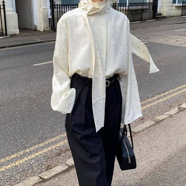 Women's Clothing Women's Style Ribbon Polka Dot Shirt Long Sleeved Top Loose Commuter Fashion Casual Clothing_ecoleips.com