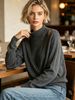 Dark Grey Mock Neck Cutout Wrap Pit Rib Knit Sweater, Loose Lightweight Breathable Soft Skin-touch Long Sleeve Pullover_ecoleips.com