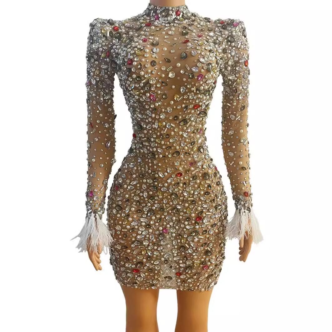 Women's Clothing High End Rhinestone Mesh Elastic Sexy Slim Dress_ecoleips.com