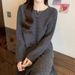 Solid Color Knitted Sweater Set Round Neck Cardigan And Loose Long Skirt Casual And Relaxed Women's Clothing_ecoleips.com
