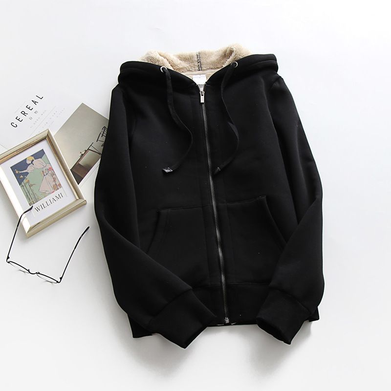 Women's Clothing Fleece Zip-Up Hoodie – Thickened Plush Lined Pullover With Full-Zip, Loose Fit, Unisex Casual Jacket (Black/Navy/Gray/Wine Red)_ecoleips.com