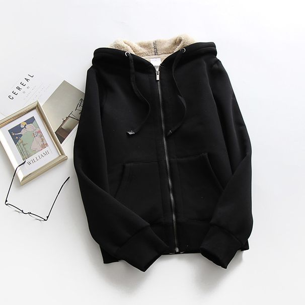 Women's Clothing Fleece Zip-Up Hoodie – Thickened Plush Lined Pullover With Full-Zip, Loose Fit, Unisex Casual Jacket (Black/Navy/Gray/Wine Red)_ecoleips.com