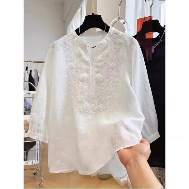 Cotton-linen Heavy Embroidery Three-quarter Sleeve Shirt For Women, Summer Thin French Style Elegant Top, Super Stylish_ecoleips.com