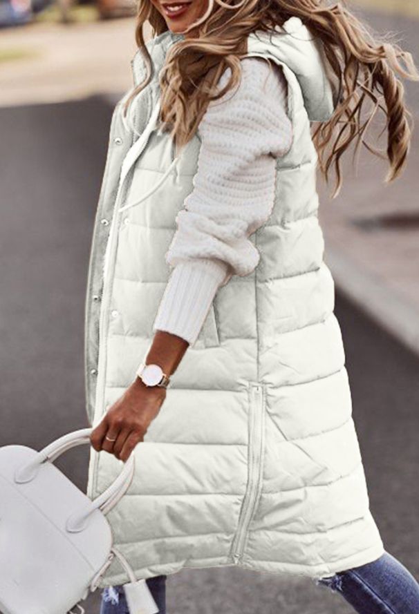 K Solid Color Hooded Single-breasted Mid-length Cotton Vest, Slim-fitting, Elegant Cardigan Jacket Top_ecoleips.com