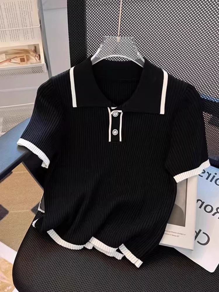 Women's Polo Collar Color Blocked Knit Short Sleeve T-Shirt Petite Thin Ice Silk Off Shoulder Top Summer_ecoleips.com
