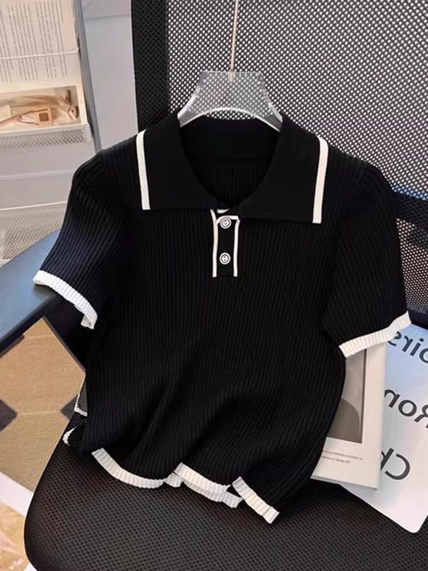 Women's Polo Collar Color Blocked Knit Short Sleeve T-Shirt Petite Thin Ice Silk Off Shoulder Top Summer_ecoleips.com