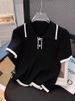 Women's Polo Collar Color Blocked Knit Short Sleeve T-Shirt Petite Thin Ice Silk Off Shoulder Top Summer_ecoleips.com