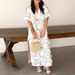 Sexy V-neck Short Sleeve Solid Party Dress Fashion Side Split A-Line Dress Vestidos Elegant Dimensional Floral Loose Midi Dress_ecoleips.com