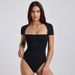 Summer Women's Lace Bodysuit Square Neck Elegant Base Layer Short Sleeve Solid Color Sexy Cross Border Design Wholesale Jumpsuits Rompers_ecoleips.com