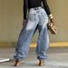 Women's High Waisted Straight Leg Jeans Heavy Duty Patchwork Hand Studded Rhinestone Design Casual Cotton Pants for Autumn_ecoleips.com