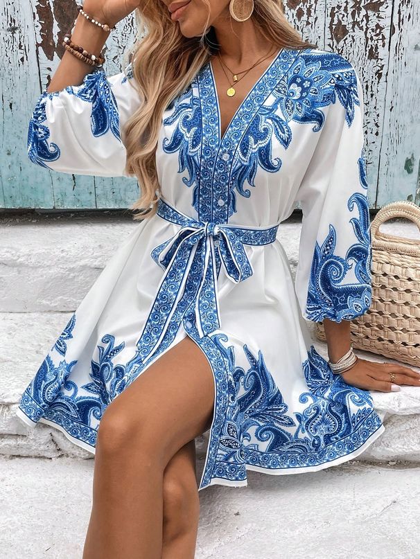 Women's Clothing Spring And Summer New Style Mid Sleeve Tie Strap Positioning Flower Dress_ecoleips.com