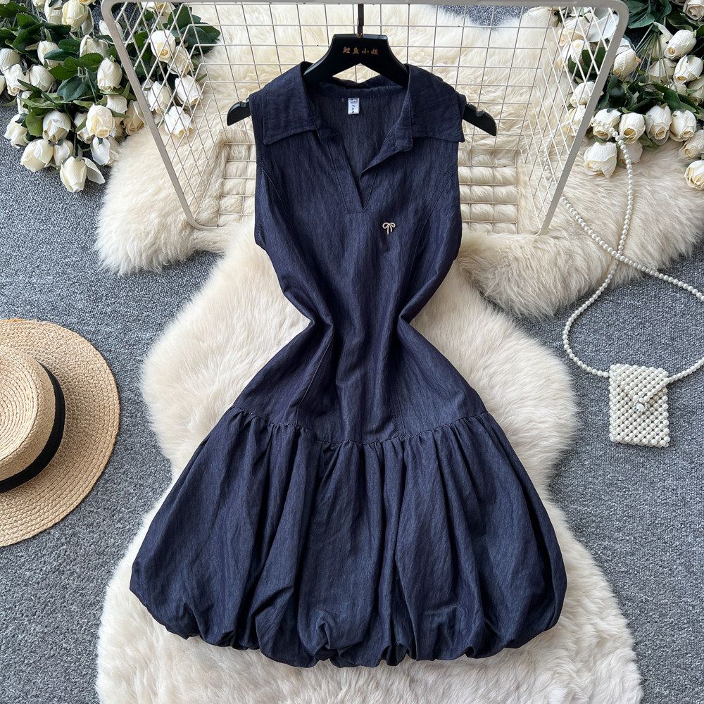 Korean Style Women's Sleeveless Polo Collar Dress Bow Tie Waist Elegant A-Line Short Skirt for Summer Commuting_ecoleips.com