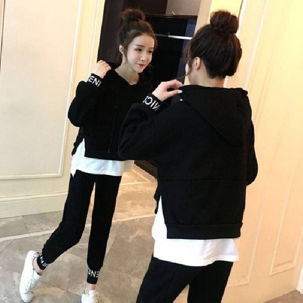 Women's Clothing Sportswear Black Suit Female Student Large Size Loose Two Piece Suit_ecoleips.com