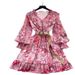 Women's V Neck Ruffled Long Sleeve Printed Fitted Waist Full Skirt Cake Dress Lantern Sleeve Belt Not Included_ecoleips.com