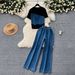 Women's Clothing Retro Design, Versatile Contrast Color Short Sleeved T Shirt Top, High Waist Casual Jeans_ecoleips.com