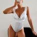 Women White Ruffle V Neck One Piece Swimsuit Ruched Waist Tummy Control High Cut Cheeky Slim Beach Bathing Suit_ecoleips.com