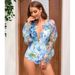 Women's Clothing Swimsuit New Style Applique V Neck Long Sleeved Holiday Floral One Piece Swimsuit Suit Female_ecoleips.com