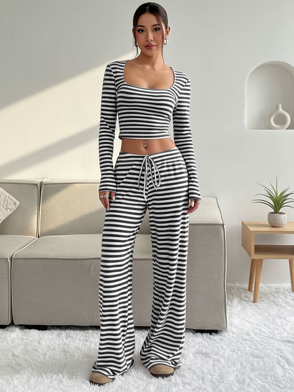 popular Women's Clothing Sexy Short Crop Top Striped Wide-leg Pants Casual Two-piece Fashion Set For Women_ecoleips.com