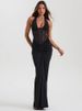 Mozision Halter Backless Sexy Maxi Dress Women V Neck Off-shoulder Sleeveless Draped Ruched Bodycon Club Party Long Dress_ecoleips.com