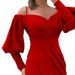 Women's Fashionable Off-Shoulder Slim Fit Dress Autumn Winter New Style Lantern Sleeve Irregular Design Cross Border_ecoleips.com