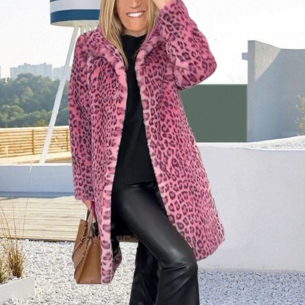"Faux Fur Leopard Print Coat – Mid-Length Winter Coat For Women, Trendy Animal Print, Warm & Stylish Outerwear"_ecoleips.com