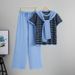 Women's Clothing Temperament Leisure Sports Knitted Suit Loose Lace Short Sleeved Striped Top Wide Leg Pants Two Piece Suit_ecoleips.com