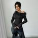 Voya Women's Summer Niche Design With Feather Splicing, Irregular Single Shoulder Hem, Slim Fit Long Sleeved Top For Women_ecoleips.com