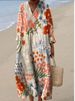 Elegant Long Sleeve Shirt Dress With 3D Floral Print, V-Neck A-Line Dress For Women, Casual Loose Fit Dress, Acetate Satin Blend Fabric_ecoleips.com