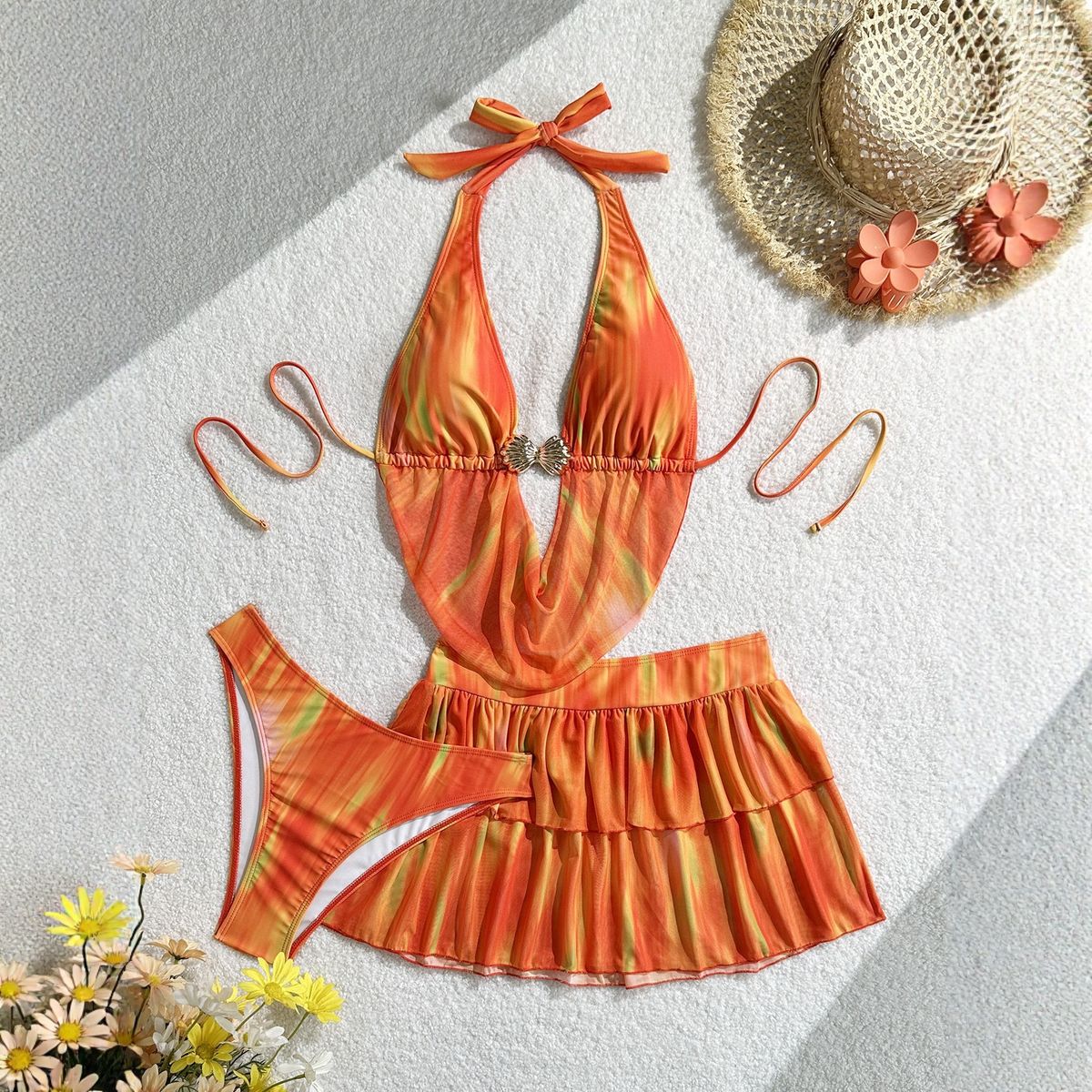 Women's European American Style Tie Dye Beaded Chain Bikini Two Piece Set with Bodycon Long Skirt Sexy Printed Beach Vacation Swimsuit_ecoleips.com