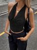 Elegant Striped Halter Neck Women's Top European American Style Sleeveless Backless Slender Neck Fitted Waist_ecoleips.com
