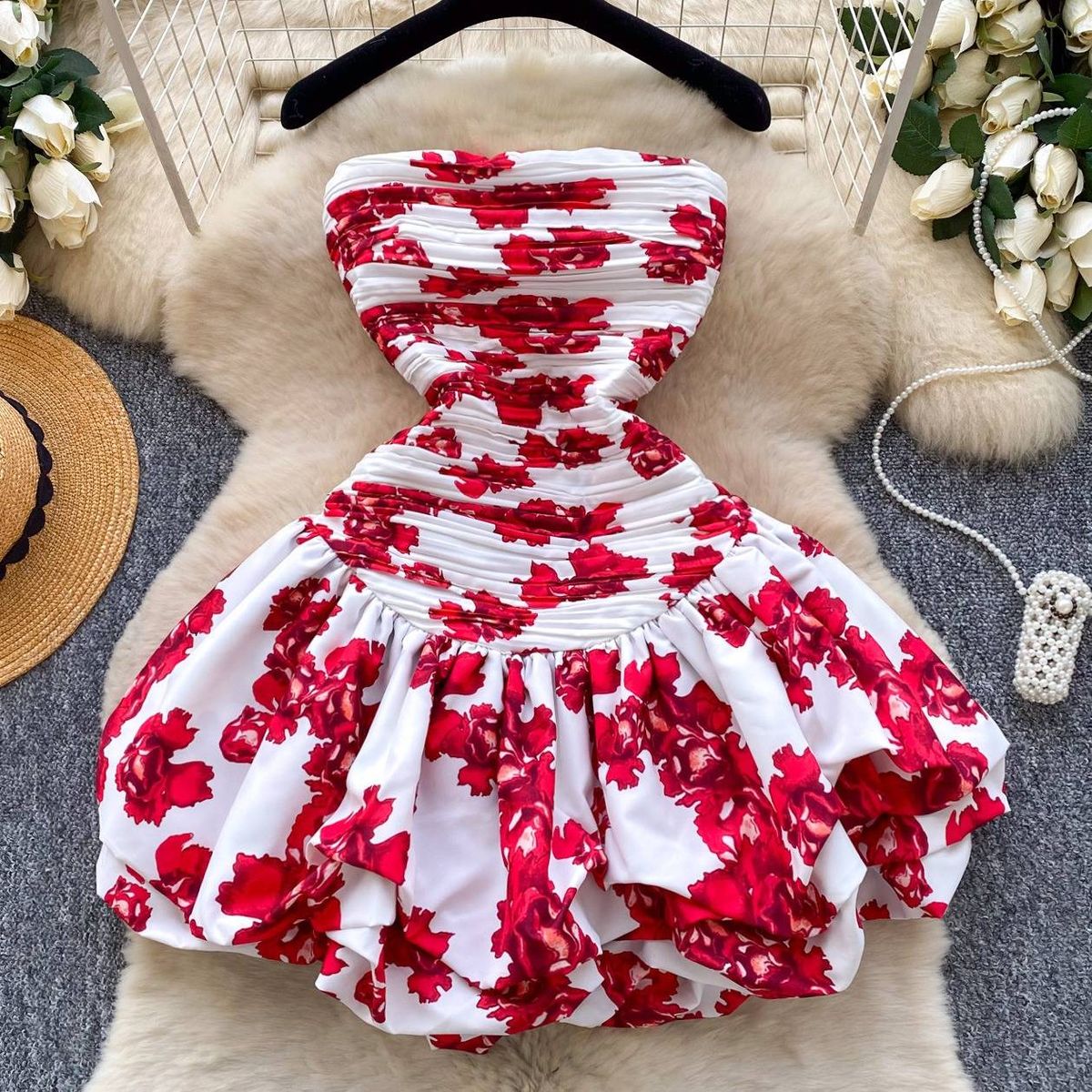 French Vacation Off-Shoulder Ruffle Mini Dress – Stretchy Smocked Waist Flared Skirt With Cascading Hem_ecoleips.com