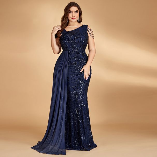 plus Size One Shoulder Sleeveless Evening Dress Sequined Beaded Ribbon Cocktail Dress for Parties Formal Banquets European American Style_ecoleips.com