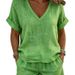 Summer Collection Solid Color V Neck Loose Casual Cotton Linen Set Short Sleeve Top And Shorts Women's Clothing_ecoleips.com