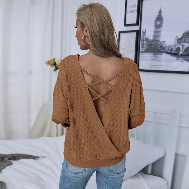 Voya Women's Clothing 2026 Spring/Summer European And American Loose Casual Sexy Backless Pullover Long-Sleeve Waffle Knit_ecoleips.com