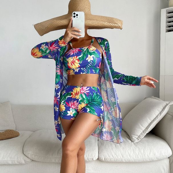 Women's Clothing Swimsuit Split Three Piece Boxer Shorts Printed Net Celebrity Conservative_ecoleips.com
