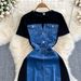 Ladylike Temperament Short-sleeved Round Neck Waist Slimming Denim Splicing A-line Dress Casual T-shirt Skirt_ecoleips.com