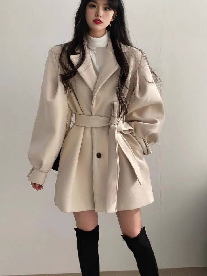Wool-Like Trench Coat For Women – Oversized Lapel Belted Coat | Audrey Hepburn Style (Beige/Black)_ecoleips.com
