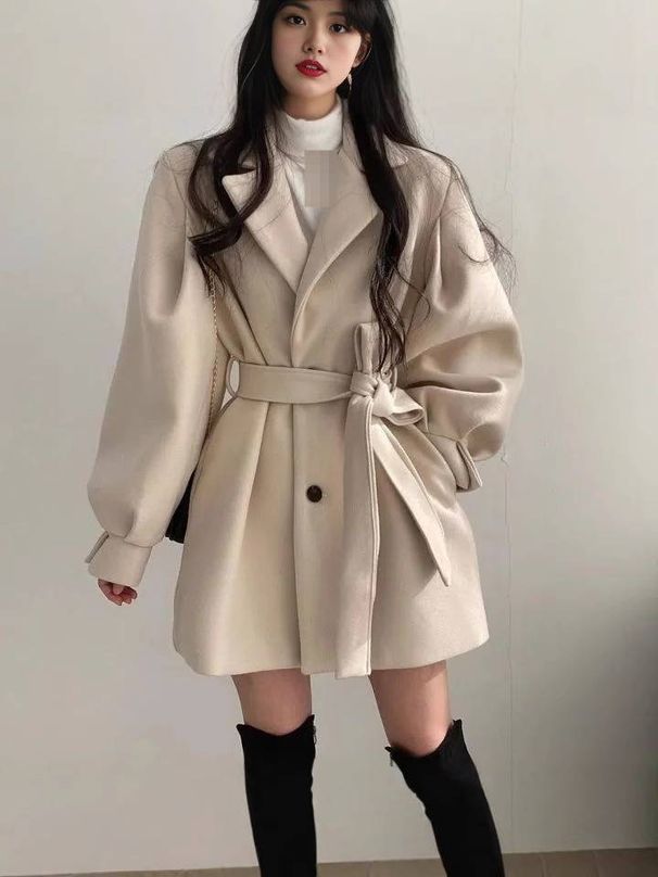 Wool-Like Trench Coat For Women – Oversized Lapel Belted Coat | Audrey Hepburn Style (Beige/Black)_ecoleips.com