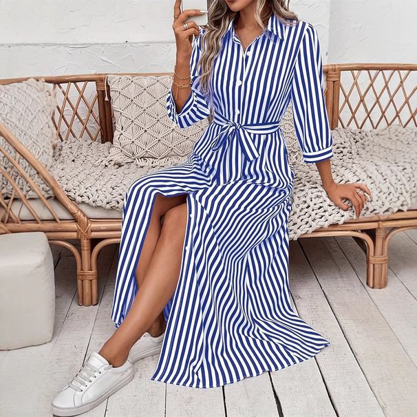 Women's Long Sleeve Striped Shirt Dress - Stylish Office Wear & Casual Spring Outfit With Button Front & Flowy Design_ecoleips.com