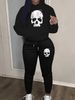 Women's Autumn And Winter Fashionable Casual Skull Pattern Printed Thick And Plush Warm Hooded Sweatshirt+sports Pants Set-772_ecoleips.com