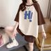 Women's Trendy Two Piece Suit Set Loose Casual Short Sleeved Top with Elastic Pants Milk Silk Print Stitching Contrast Color_ecoleips.com