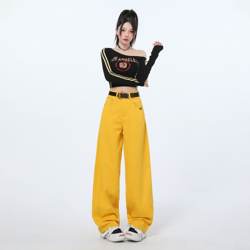 2025 New Women's Jeans, High-waisted, Loose, Straight-leg, Wide-leg, Curved-cut Yellow Long Pants, No Belt Included_ecoleips.com