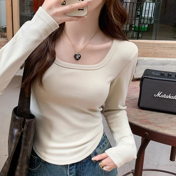 Women's Autumn/Winter Short-Sleeved T-Shirt With Straight Shoulders And Arc-Shaped Hem, Square Collar, Fitted Base Layer_ecoleips.com