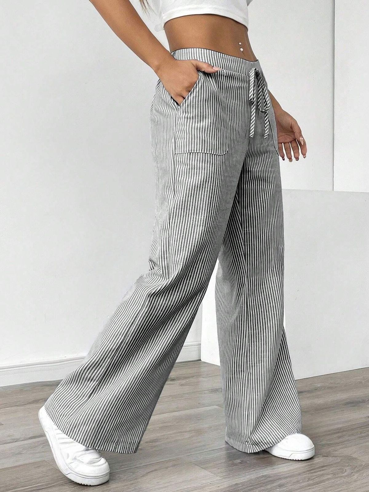 Striped Trousers For Women Casual Street Style Loose Wide Leg Mid Waist Full Length Polyester Spring/Summer Fashion_ecoleips.com