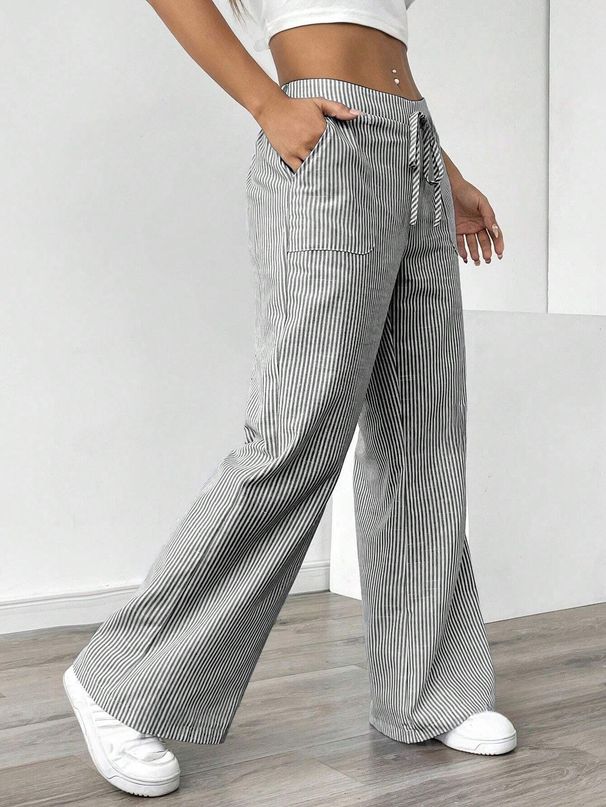 Striped Trousers For Women Casual Street Style Loose Wide Leg Mid Waist Full Length Polyester Spring/Summer Fashion_ecoleips.com