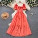 French Style Women's Long Dress Square Neck Puff Sleeve Striped Pattern Korean Summer Waist Cinching A-Line Skirt For Elegant Dates_ecoleips.com