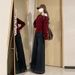 girl Red Off-Shoulder Long Sleeve Knitted Loose Sweater Top For Women, Autumn And Winter 2025 New Christmas Outfit_ecoleips.com